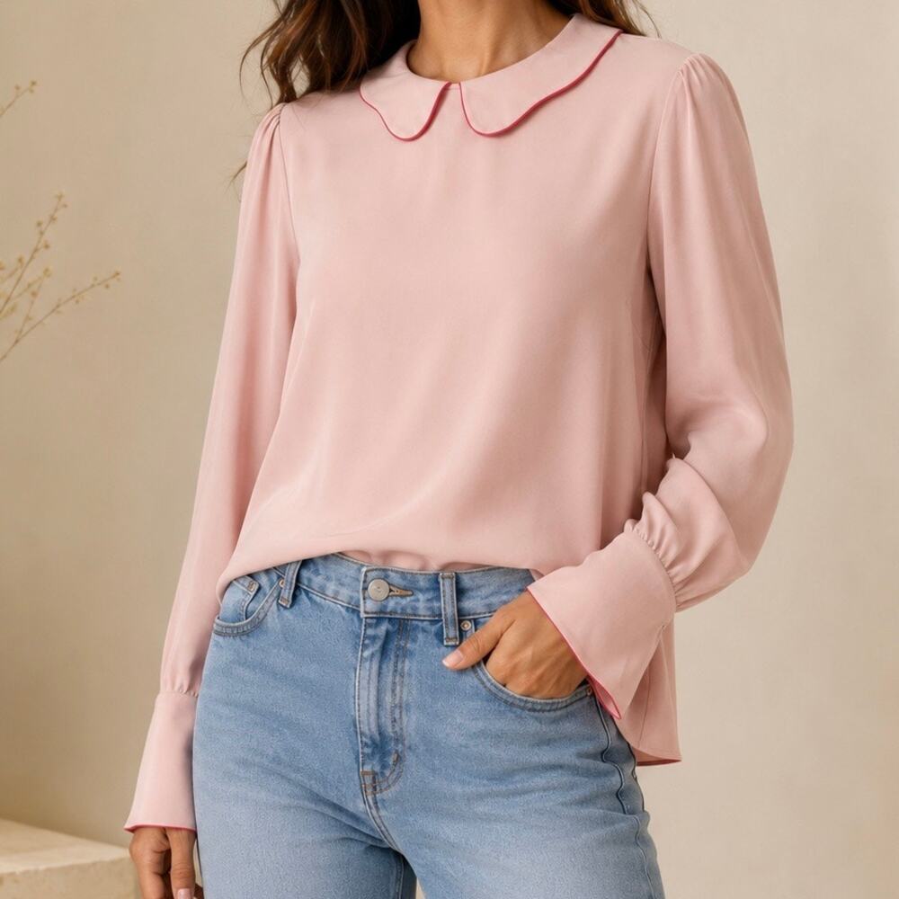 BODEN | NWT Blush Pink Peter Pan Collar Red Piping Long Sleeve Blouse | 18